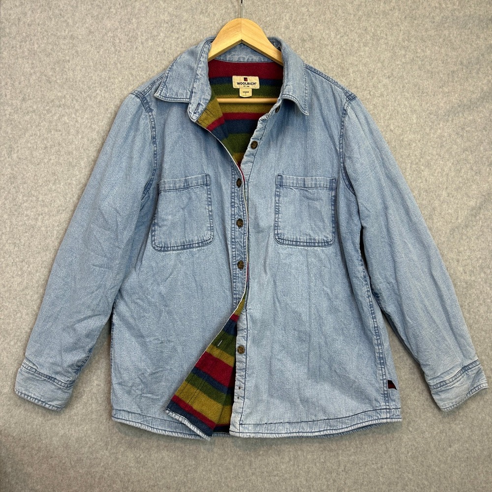 Woolrich Denim Shirt Jacket Light Wash Fleece Blanket Lined Striped Womens Large